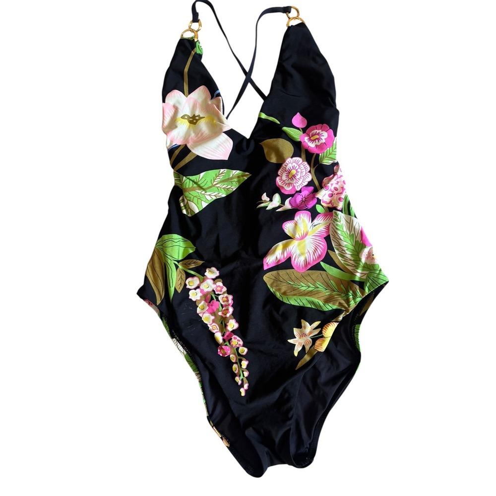 Trina Turk Women Black Tropical Floral One Piece Swimsuit Gold Hardware Size 6
